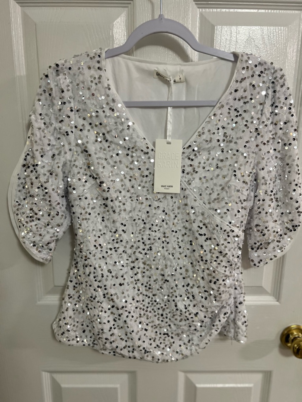 GRACE KARIN Womens 3/4 Length Sleeve Sequin Tops V Neck Velvet Ruched NWT MED - Picture 7 of 12